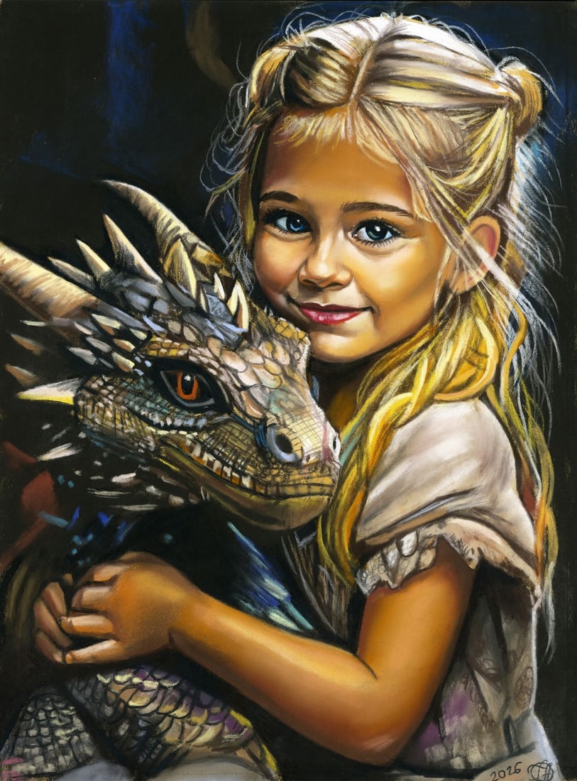 Genadiy Achkasov (Ukraine,b 1965) pastel painting: ARTIST: Genadiy Achkasov (Ukrainian, born 1965) TITLE: Girl with Dragon MEDIUM: pastel on heavy paper CONDITION: Very good. ART SIZE: 16 x 12 inches / 41