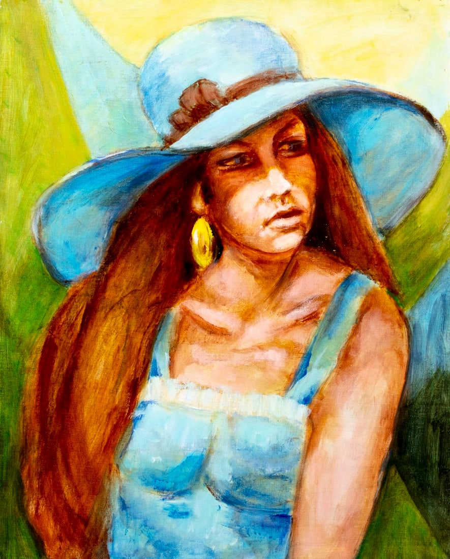 Thelma Thal (NY,1903-2001) oil painting: ARTIST: Thelma Thal (New York, 1903 - 2001) TITLE: Portrait of Woman in Blue MEDIUM: oil on canvas CONDITION: Few minor paint losses. No visible inpaint under UV light.