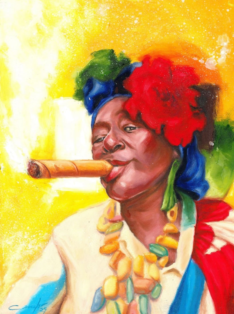 Evgeniy Smyrnyy (Ukraine,20/21C) oil painting: ARTIST: Evgeniy Smyrnyy (Ukraine, 20/21 centuries) TITLE: Cuban Woman with Cigar MEDIUM: oil on heavy paper CONDITION: Very good. No visible inpaint under UV light.