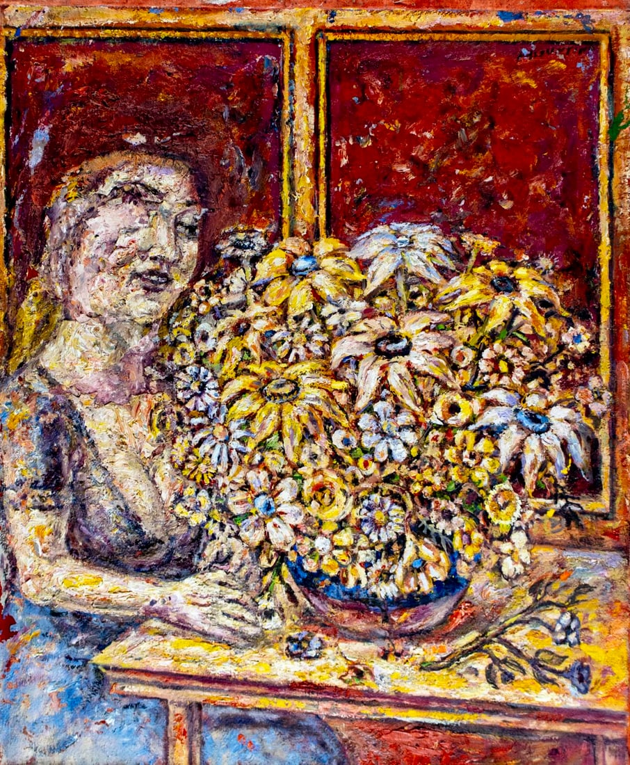 Peter Passuntino (IL,France,1936-?) oil painting: ARTIST: Peter Zaccaria Passuntino (Illinois, French, 1936 - ???) TITLE: Portrait and Flowers (titled on verso) MEDIUM: oil on canvas CONDITION: Unstretched (In-House stret