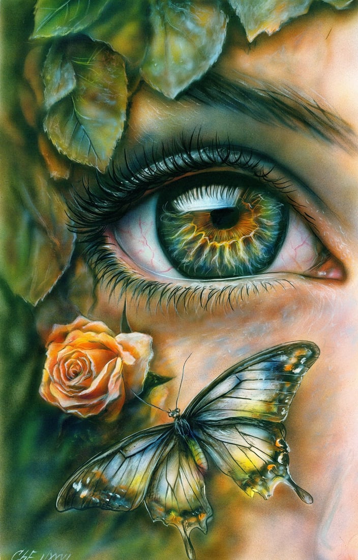 Evgeniy Chunikhin (Ukraine,b 1976) acrylic painting: ARTIST: Evgeniy Chunikhin (Ukrainian, born 1976) TITLE: Surreal Eye with Butterfly and Rose MEDIUM: acrylic on heavy paper CONDITION: Very good. ART SIZE: