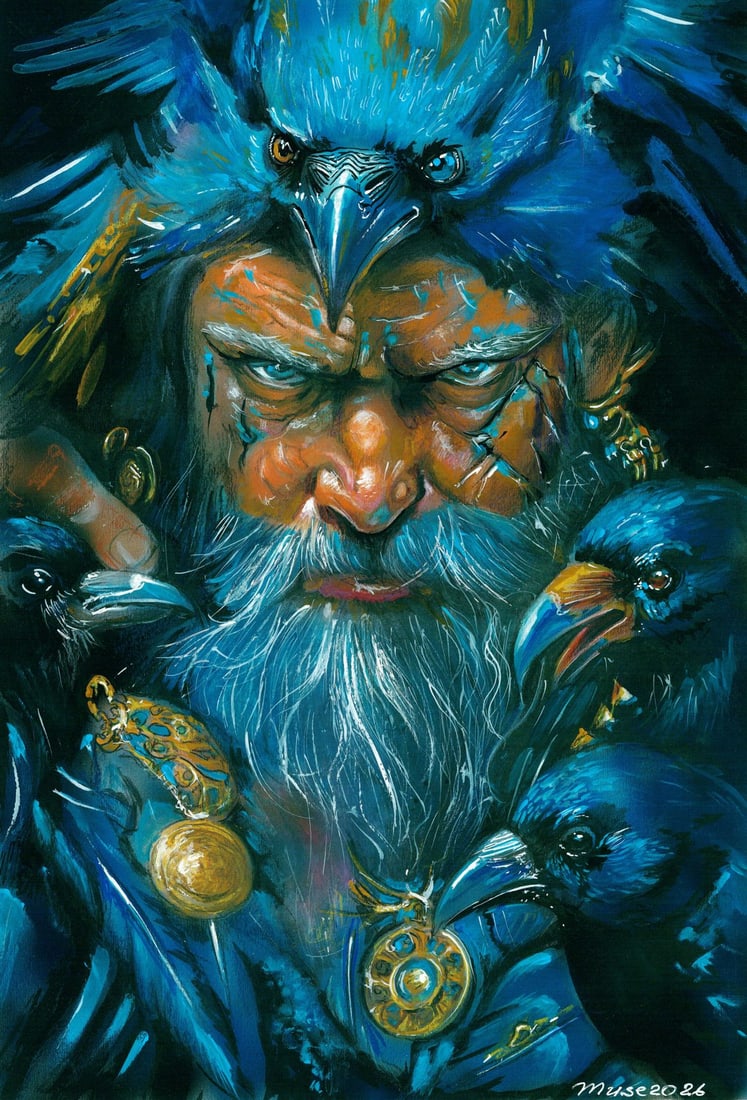 Olga Dolgikova (Ukraine,b 1967) acrylic painting: ARTIST: Olga Dolgikova (Ukrainian, born 1967) TITLE: Portrait of Man with Birds MEDIUM: acrylic on heavy paper CONDITION: Very good. ART SIZE: 17 x 12 in