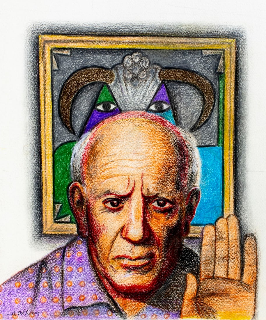 Hal Poth (MO,1924-2017) pastel painting: ARTIST: Harold Ernst Poth (Missouri, 1924 - 2017) TITLE: Portrait of Pablo Picasso YEAR: 2014 MEDIUM: pastel on heavy paper CONDITION: Overall good.