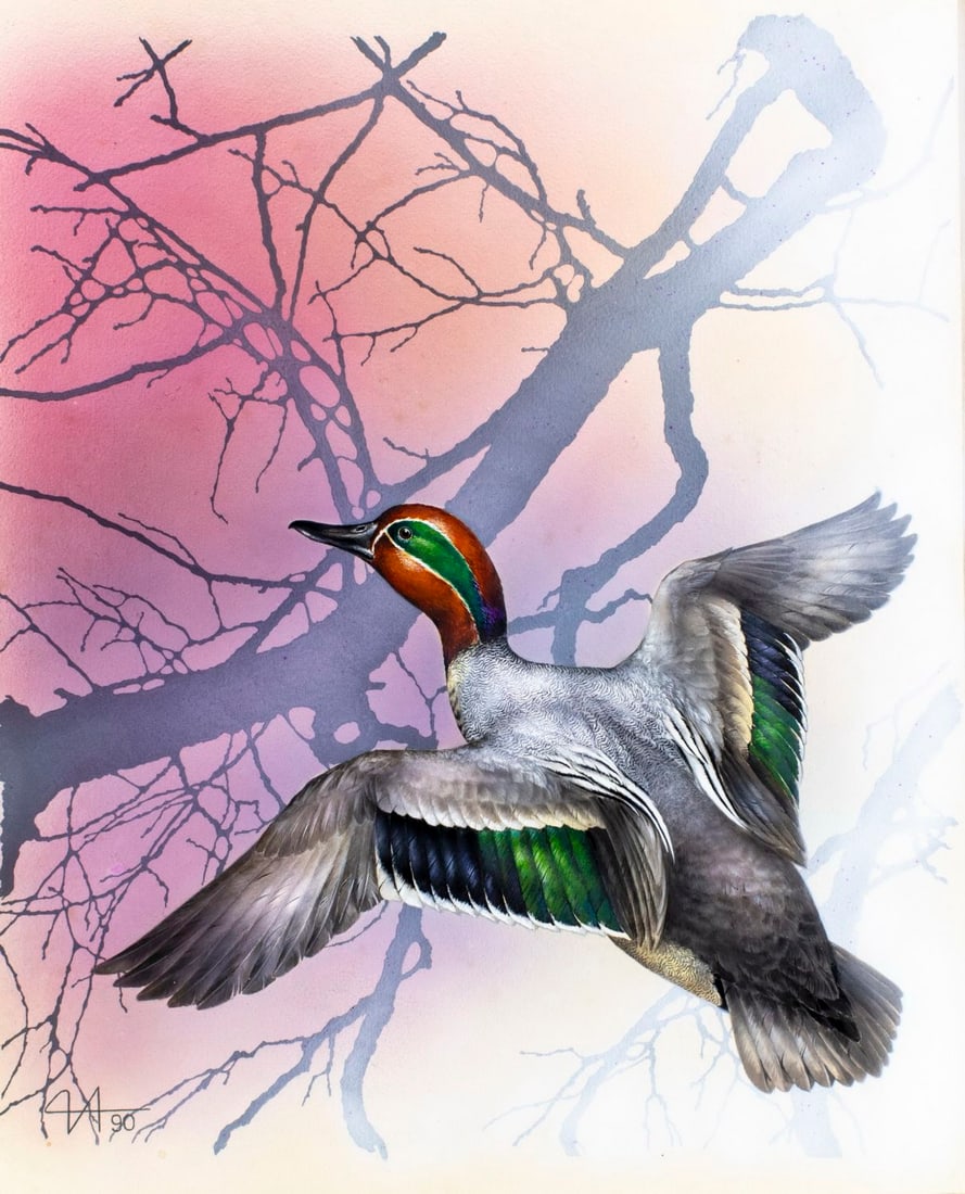 Alexei Isakov (Russia,20C) gouache painting: ARTIST: Alexei Isakov (Russian, 20 century) TITLE: Teal Duck, Belgium (titled on verso) YEAR: 1990 MEDIUM: gouache on paper. Paper applied to board. CONDITION: