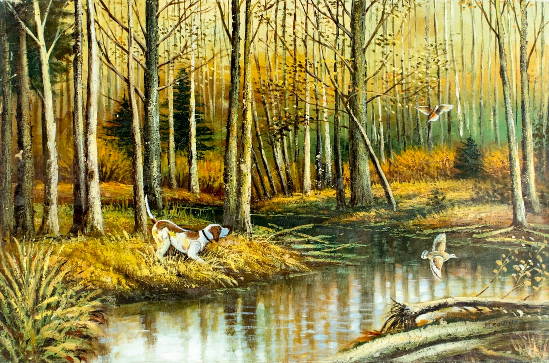 Brown (US,20C) oil painting: ARTIST: Brown (American, 20 century) TITLE: Landscape with Hunting Dog MEDIUM: oil on canvas CONDITION: Few small paint losses. Minor craquelure. No visible inpaint under UV