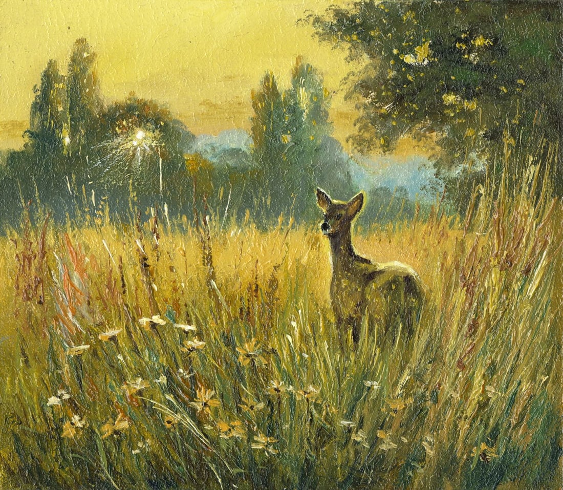 Sergey Kozachkin (Ukraine,b 1965) oil painting: ARTIST: Sergey Vasilievich Kozachkin (Ukrainian, born 1965) TITLE: Deer in Meadow MEDIUM: oil on board CONDITION: Very good. No visible inpaint under UV light. AR