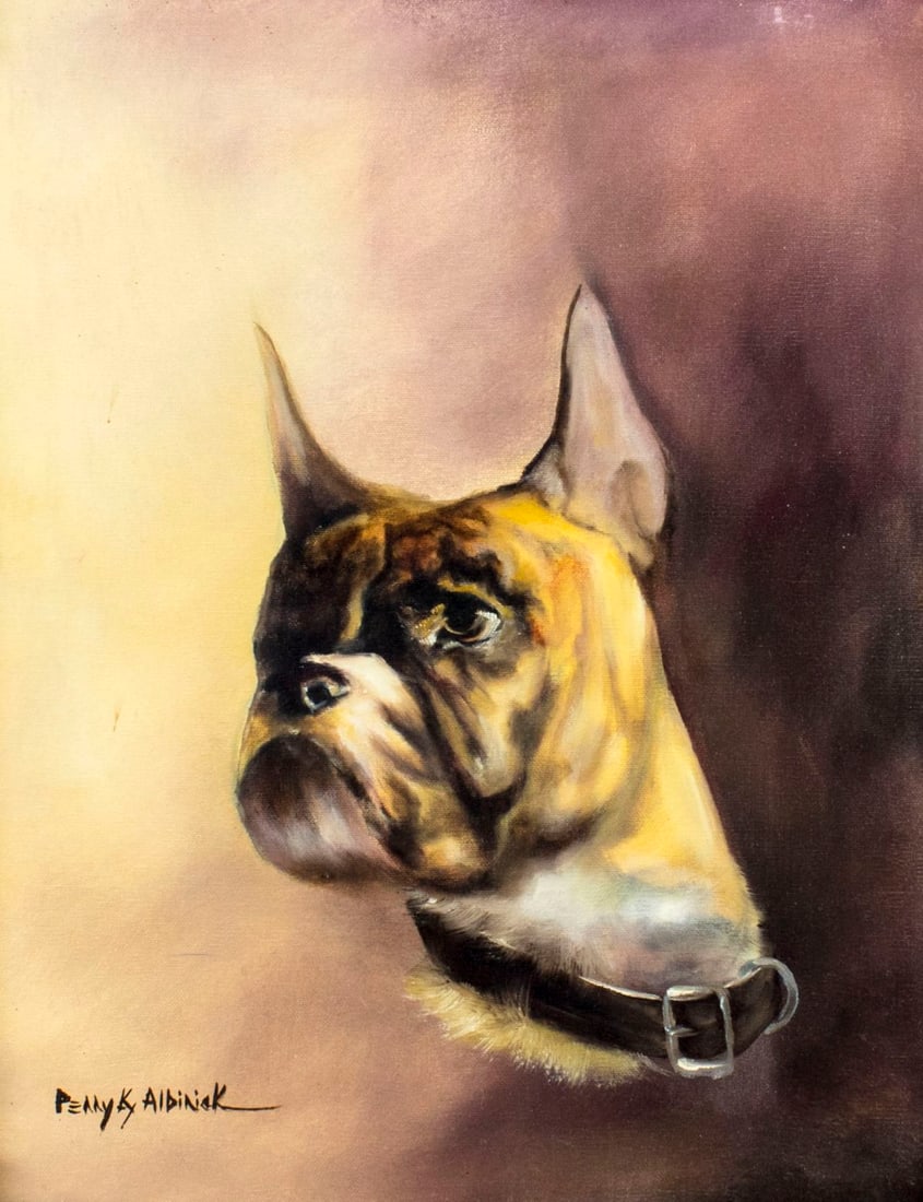 Penny Albirick (US,20C) oil painting: ARTIST: Penny Albirick (American, 20 century) TITLE: Boxer Dog MEDIUM: oil on canvas CONDITION: Very good. No visible inpaint under UV light. ART SIZE: