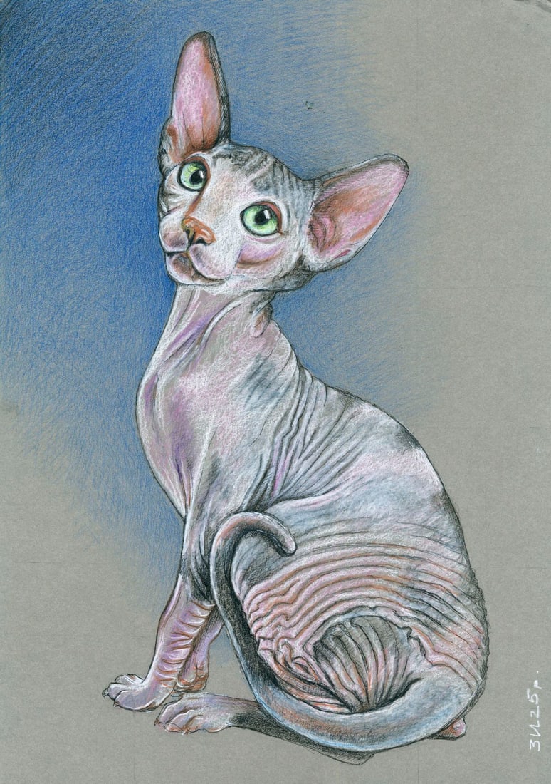 Irina Zabihaylova (Ukraine,20/21C) mixed media painting: ARTIST: Irina Zabihaylova (Ukrainian, 20/21 centuries) TITLE: Sphynx Cat MEDIUM: mixed media on heavy paper CONDITION: Minor damage to the upper right corner. ART