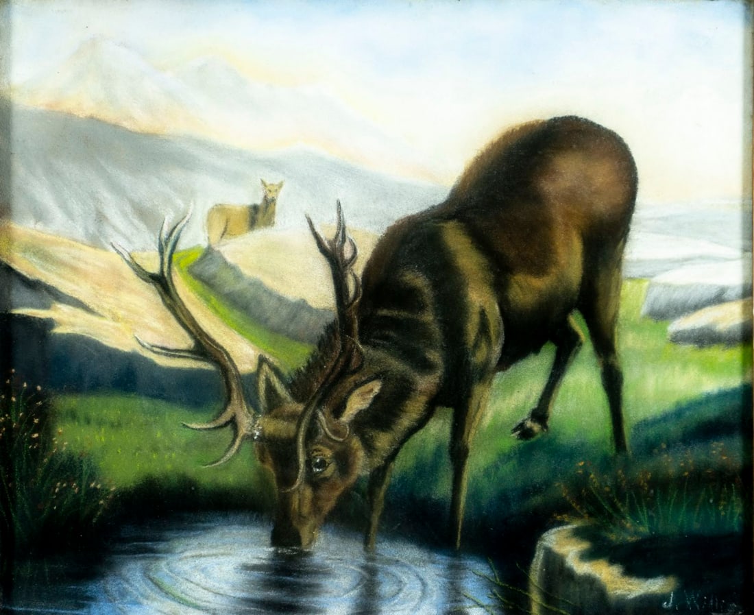 J Willis (US,early 20C) pastel painting antique: ARTIST: J Willis (American, early 20 century) TITLE: Watering Elk MEDIUM: pastel on paper CONDITION: Some age toning. Framed under glass. Wear to frame. ART SIZE: