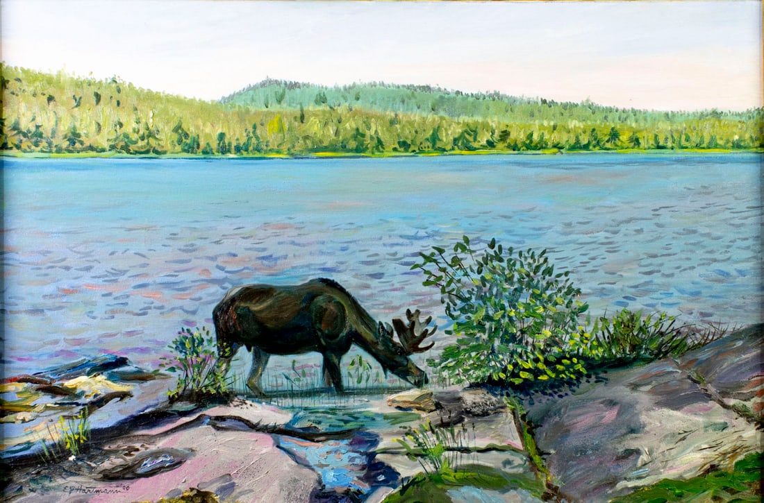 E J Hartmann (NJ,20/21C) oil painting: ARTIST: E J Hartmann (New Jersey, 20/21 centuries) TITLE: Moose at Lake YEAR: 2000 MEDIUM: oil on canvas CONDITION: Some paint losses mostly by the lower