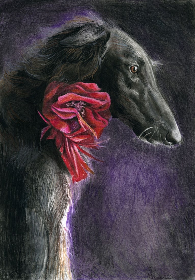 Julia Abramova (Ukraine,20/21C) pastel painting: ARTIST: Julia Abramova (Ukrainian, 20/21 centuries) TITLE: Dog MEDIUM: pastel on heavy paper CONDITION: Very good. ART SIZE: 17 x 12 inches / 43 x 30 cm<