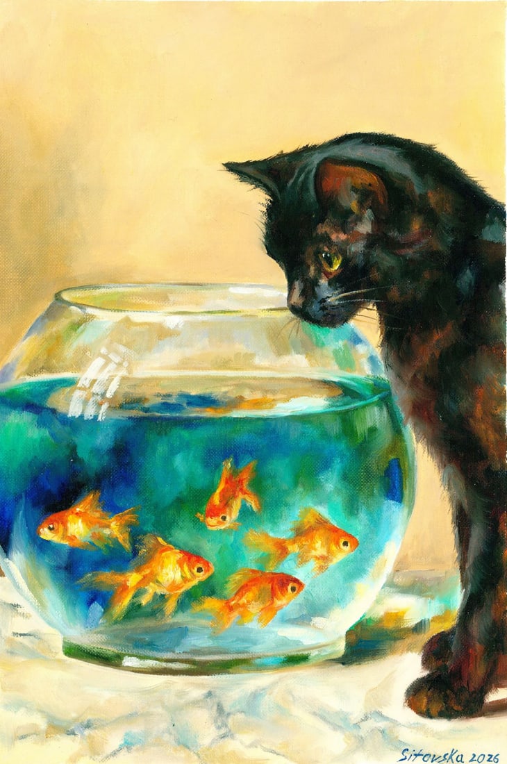 Anna Sitovska (Ukraine,20/21C) oil painting: ARTIST: Anna Sitovska (Ukrainian, 20/21 centuries) TITLE: Black Cat with Goldfish MEDIUM: oil on heavy paper CONDITION: Very good. No visible inpaint under UV light.
