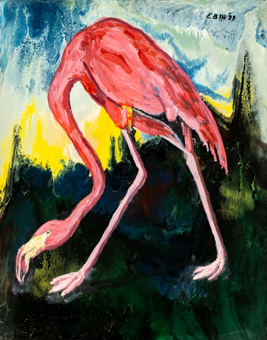 Evelyn Metzger (NY,Brazil,1911-2007) oil painting: ARTIST: Evelyn Borchard Metzger (New York, Brazilian, 1911 - 2007) TITLE: Flamingo Bird YEAR: 1999 MEDIUM: oil on board CONDITION: Few minor paint losses