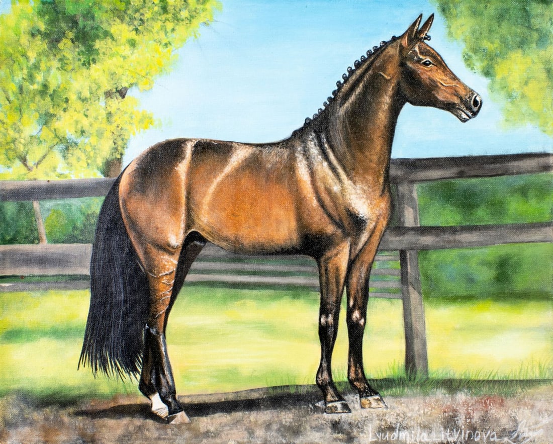 Lyudmila Litvinova (Russia,b 1991) acrylic painting: ARTIST: Lyudmila Litvinova (Russian, born 1991) TITLE: Trakehner Horse (titled on verso) MEDIUM: acrylic on canvas CONDITION: Unstretched (In-House stretching available). Ve