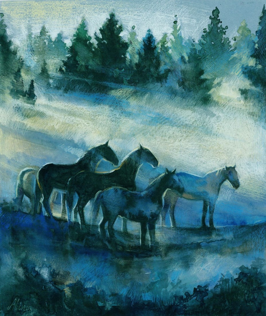 Alina Rybak (Ukraine,b 1996) watercolor painting: ARTIST: Alina Rybak (Ukrainian, born 1996) TITLE: Landscape with Horses MEDIUM: watercolor on heavy paper CONDITION: Very good. ART SIZE: 14 x 12 inches