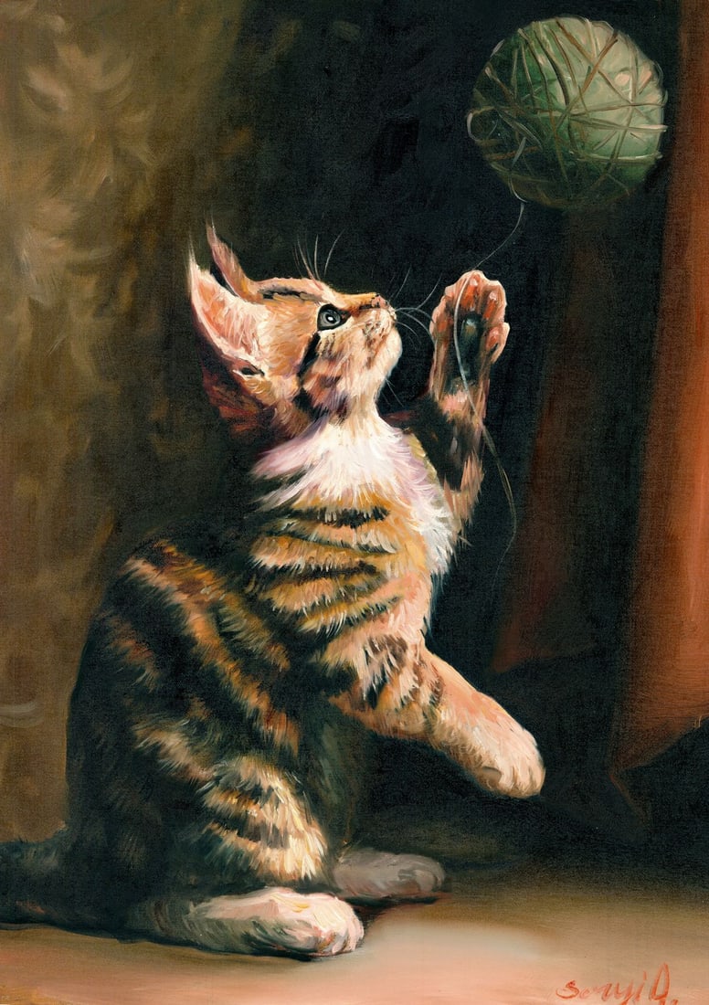 Alex Siryi (Ukraine,b 1997) oil painting: ARTIST: Alex Siryi (Ukraine, born 1997) TITLE: Cat Playing MEDIUM: oil on canvas CONDITION: Unstretched (In-House stretching available). Few very minor paint losses. No visi
