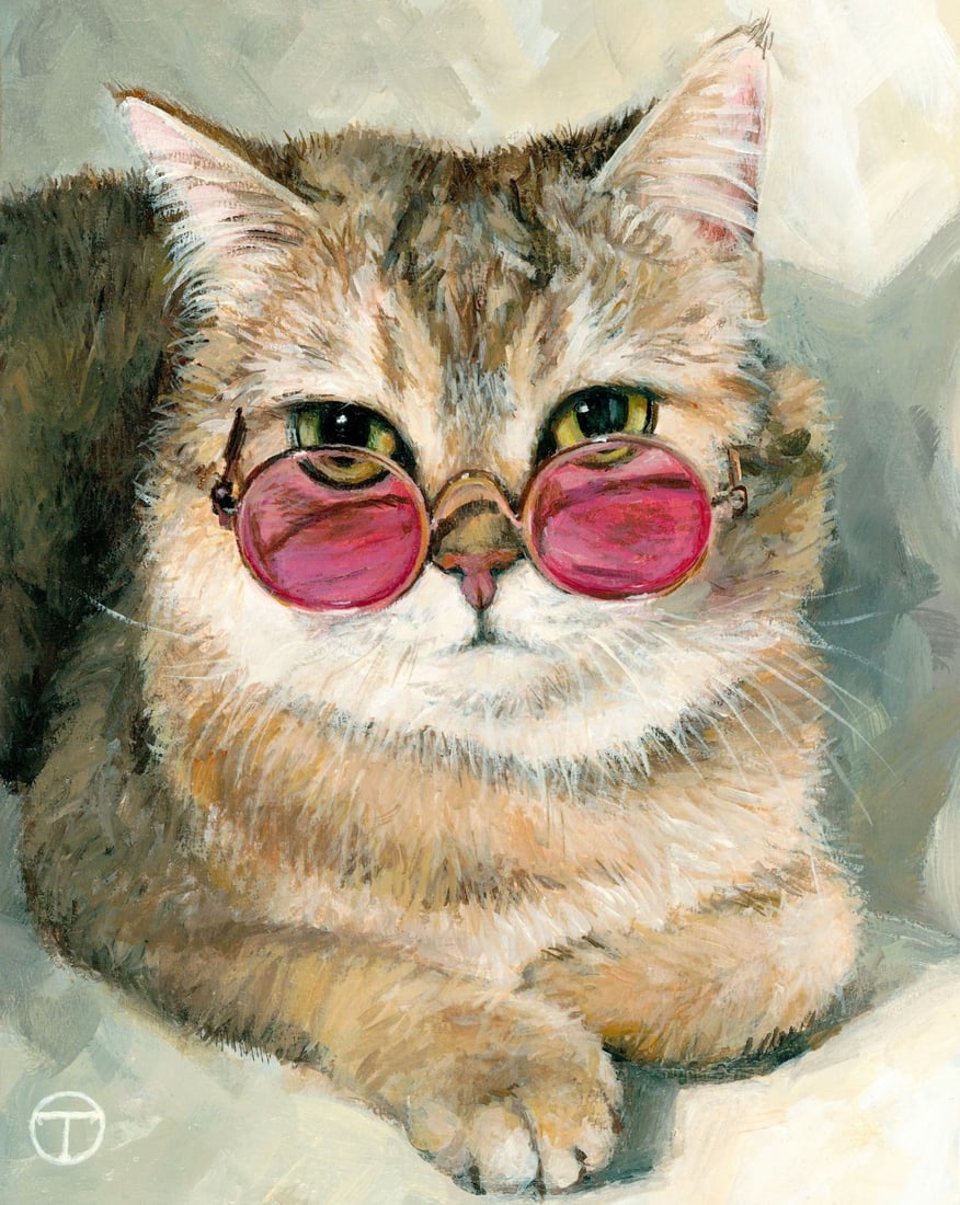 Olia Tomkova (Ukraine,20/21C) acrylic painting: ARTIST: Olia Tomkova (Ukrainian, 20/21 centuries) TITLE: Cat with Pink Glasses MEDIUM: acrylic on board CONDITION: Very good. ART SIZE: 10 x 8 inches / 2