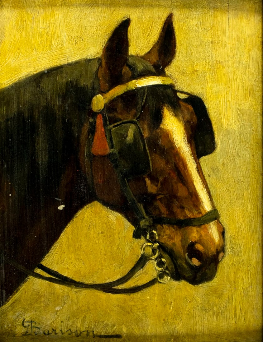 Giuseppe Barison (Italy,1853-1931) oil painting antique: ARTIST: Giuseppe Barison (Italian, 1853 - 1931) TITLE: Horse with Bridle MEDIUM: oil on board CONDITION: Few small scratches/paint losses. Very minor craquelure. No visible