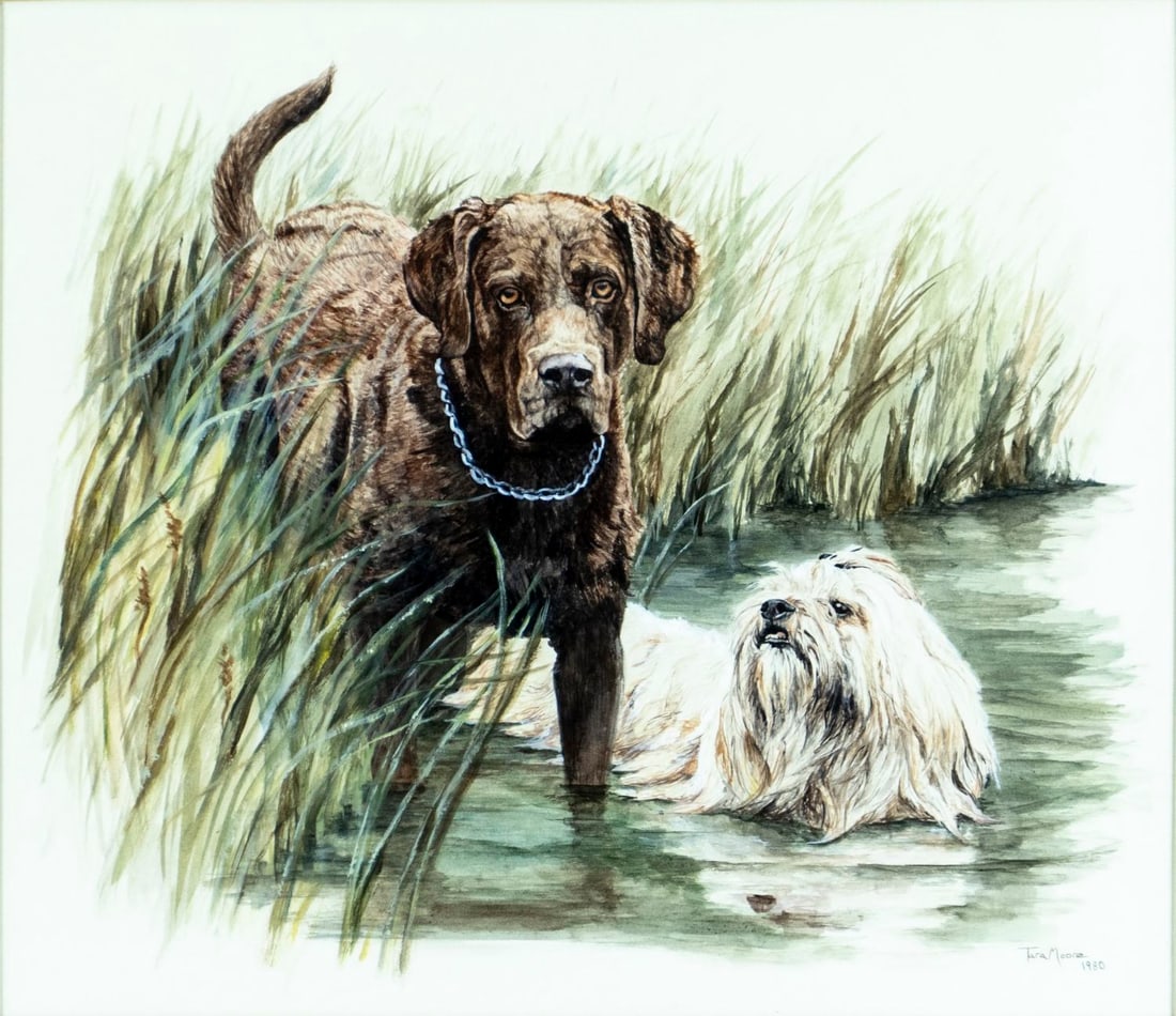 Tara Moore (MD,b 1950) watercolor painting: ARTIST: Tara Moore (Maryland, born 1950) TITLE: Labrador and Havanese Dogs YEAR: 1980 MEDIUM: watercolor on paper CONDITION: Minor age toning. Framed und