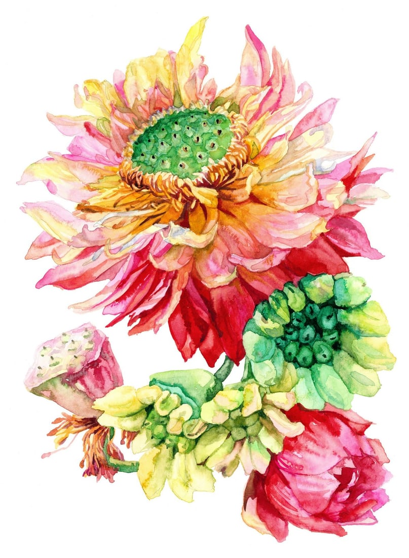 Galina Simchich (Ukraine,20/21C) watercolor painting: ARTIST: Galina Simchich (Ukrainian, 20/21 centuries) TITLE: Still Life with Lotus Flowers MEDIUM: watercolor on heavy paper CONDITION: Very good. ART SIZE:
