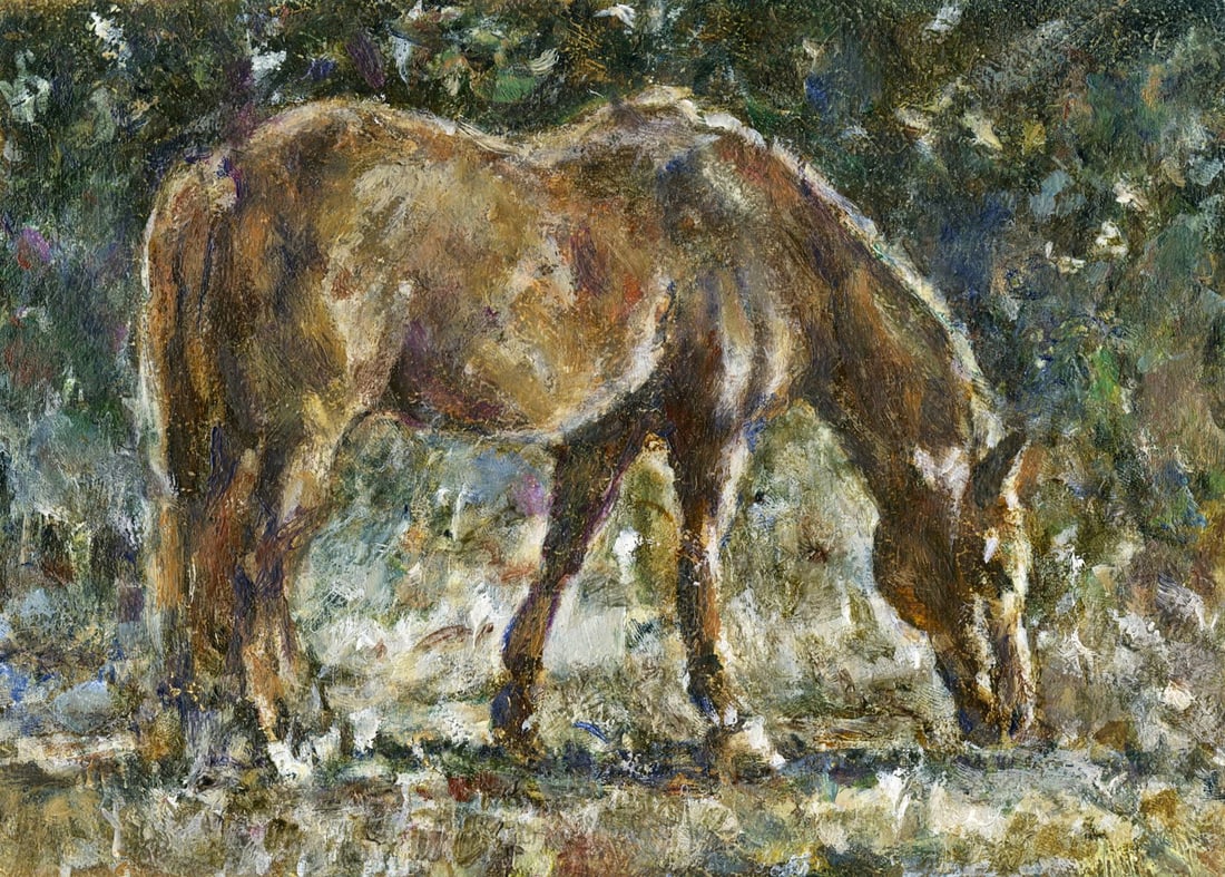 Vyacheslav Evsikov (Ukraine,b 1957) oil painting antique: ARTIST: Vyacheslav Sergeyevich Evsikov (Ukraine, born 1957) TITLE: Grazing Horse MEDIUM: oil on board CONDITION: Very good. No visible inpaint under UV light. ART