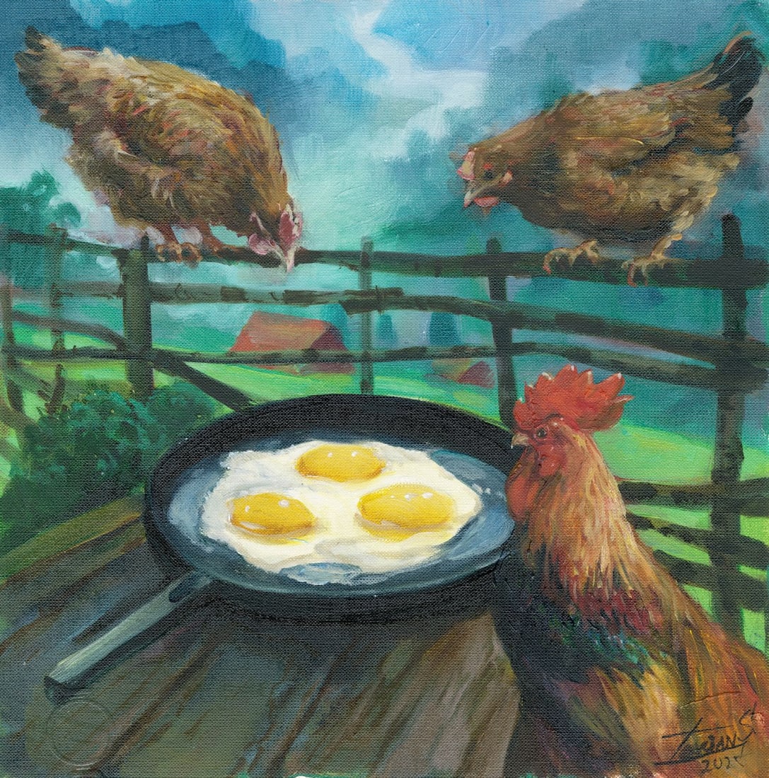 Sergey Dovgan (Ukraine,b 1976) oil painting: ARTIST: Sergey Dovgan (Ukrainian, born 1976) TITLE: Chickens and Fried Eggs MEDIUM: oil on heavy paper CONDITION: Minor damage to the upper left corner. ART SIZE: