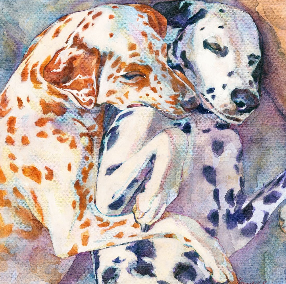 Oleksandra Kravchuk (Ukraine,20/21C) mixed media painting: ARTIST: Oleksandra Kravchuk (Ukrainian, 20/21 centuries) TITLE: Dalmatian Dogs MEDIUM: mixed media on heavy paper CONDITION: Very good. ART SIZE: 11 x 11