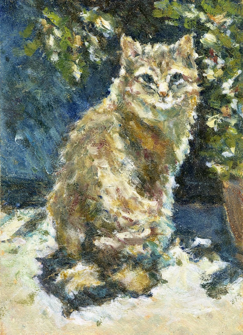 Vyacheslav Evsikov (Ukraine,b 1957) oil painting antique: ARTIST: Vyacheslav Sergeyevich Evsikov (Ukraine, born 1957) TITLE: Tabby Cat MEDIUM: oil on board CONDITION: Very good. No visible inpaint under UV light. ART SIZ