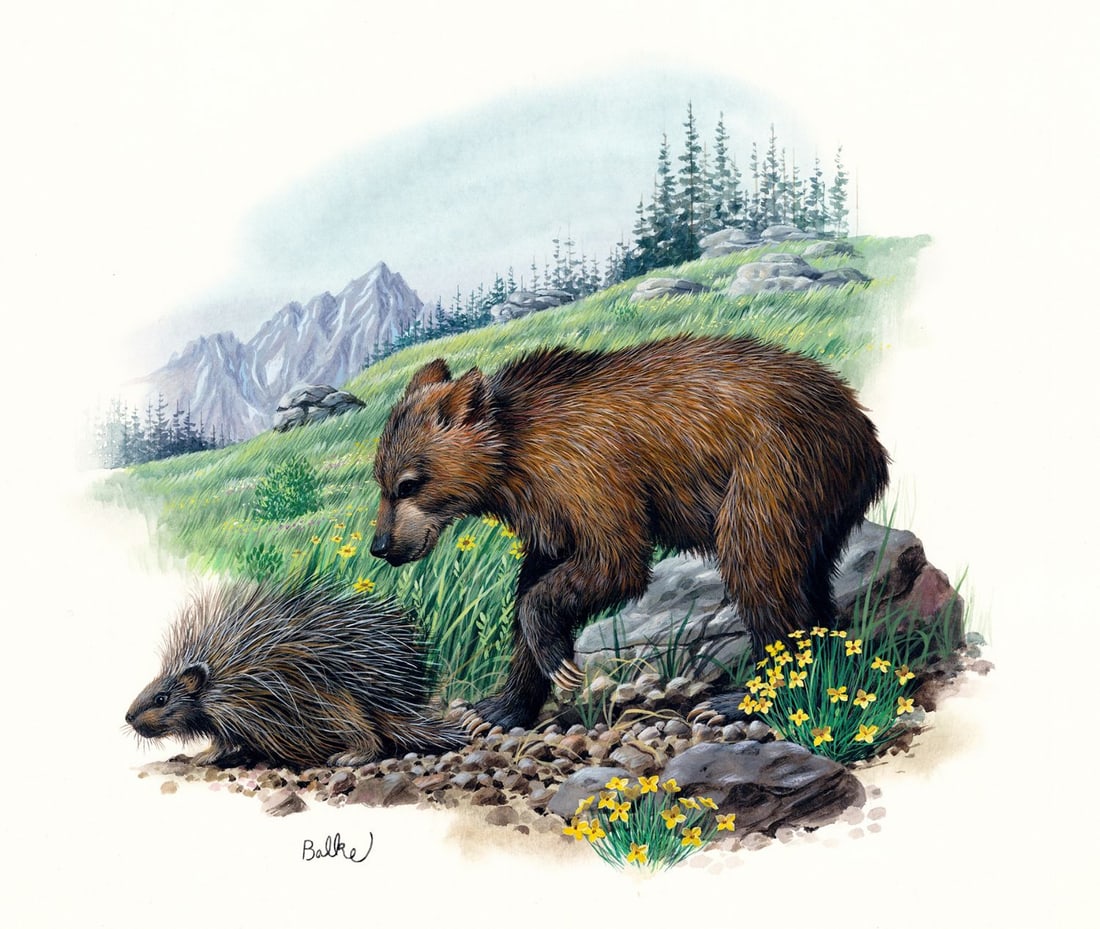 Don Balke (NC,1933-?) gouache painting: ARTIST: Don Balke (North Carolina, 1933 - ???) TITLE: The Grizzly Bear, California (titled on verso) YEAR: 1983 MEDIUM: gouache on board CONDITION: Some