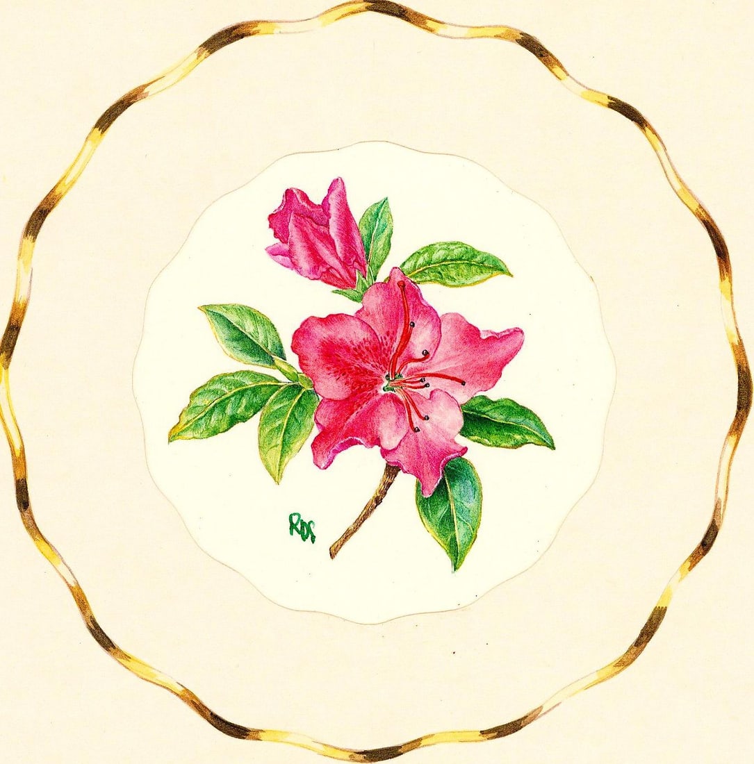 Rosanne Sanders (UK,20/21C) watercolor painting: ARTIST: Rosanne Sanders (United Kingdom, 20/21 centuries) TITLE: Flowers of Spring - Azalea YEAR: 1980s MEDIUM: watercolor on paper. Paper applied to board. CONDI