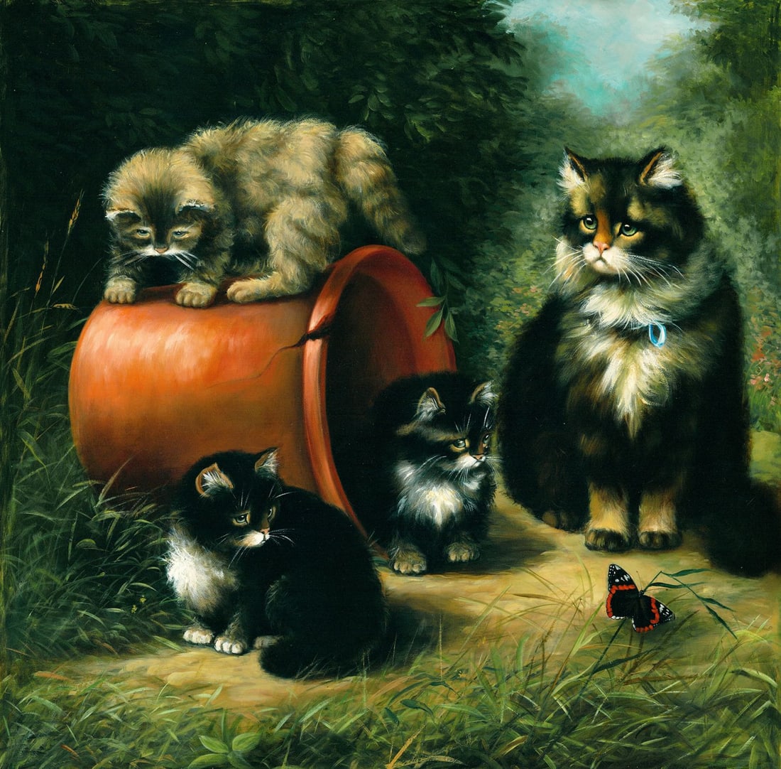 Adrienne Lester (UK,20C) oil painting: ARTIST: Adrienne Lester (United Kingdom, 20 century) TITLE: Cat with Kittens MEDIUM: oil on canvas CONDITION: Unstretched (In-House stretching available). Few minor paint lo