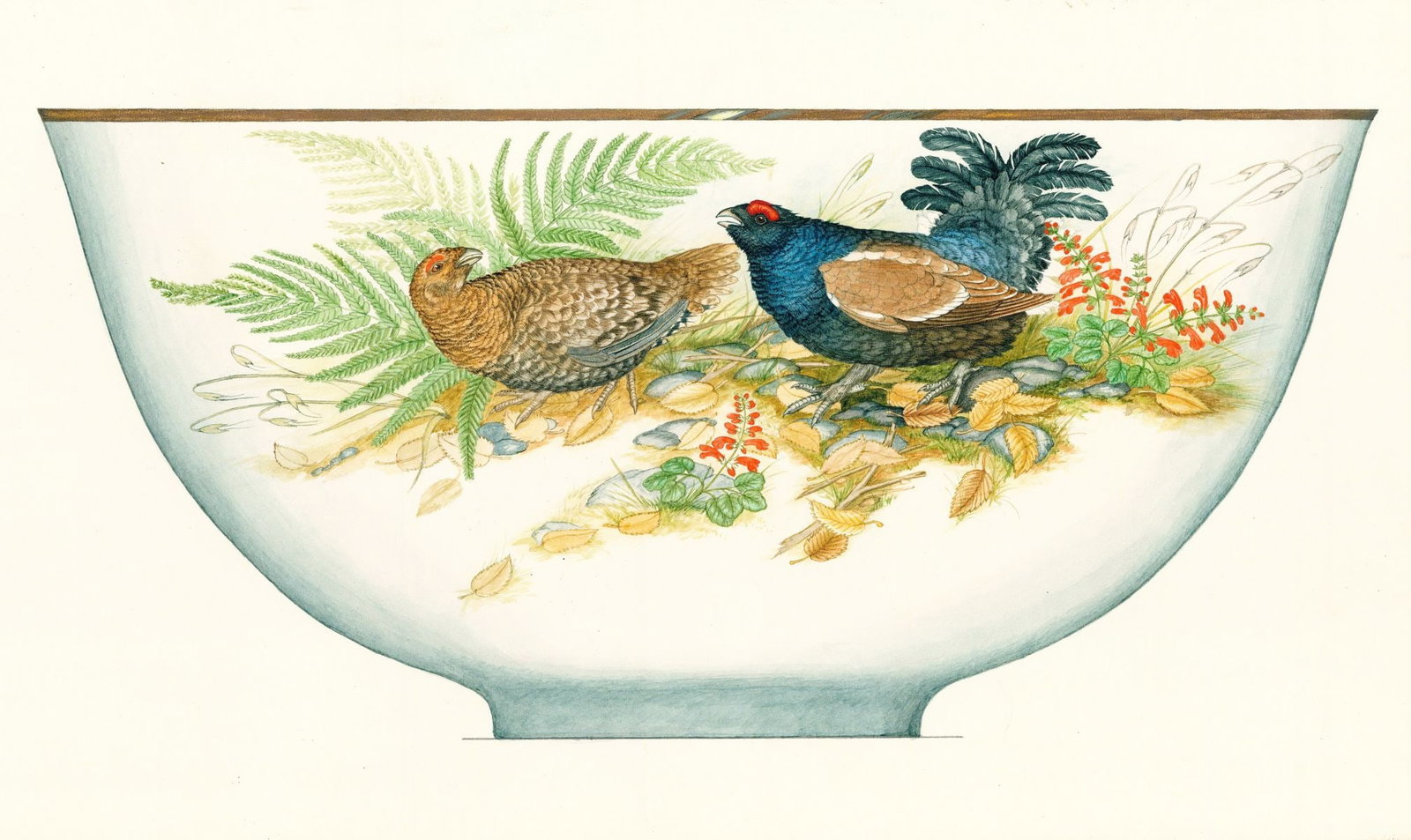 Chris G Schultz (US,20C) watercolor painting: ARTIST: Chris G Schultz (American, 20 century) TITLE: Illustration - Game Bird Bowl (titled on verso) YEAR: 1980 MEDIUM: watercolor on board CONDITION: M