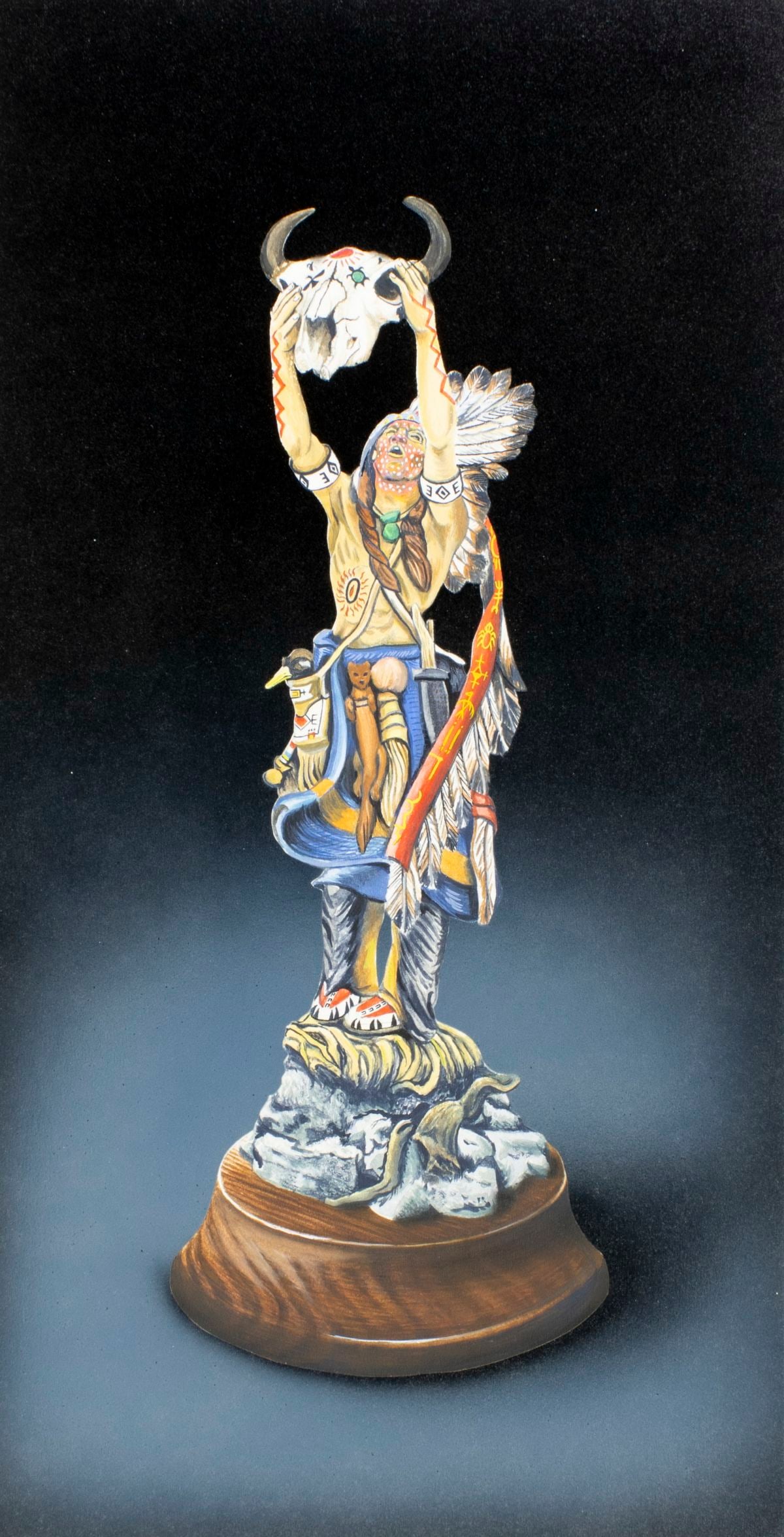 DePersico (PA,20C) gouache painting: ARTIST: DePersico (Pennsylvania, 20 century) TITLE: Indian Man with Skull MEDIUM: gouache on board CONDITION: Very good. ART SIZE: 17 x 9 inches / 43 x 2