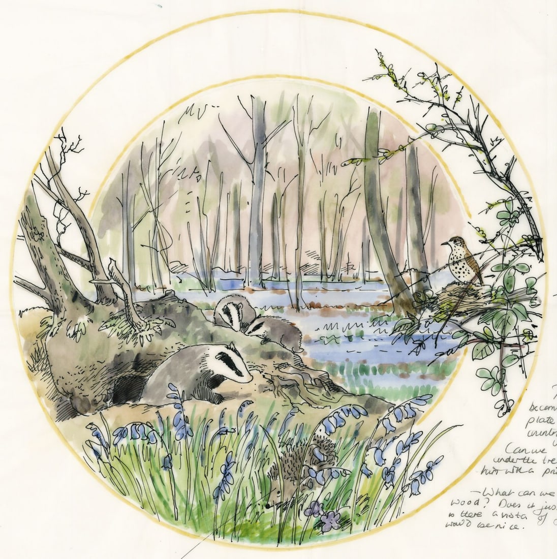 Peter Barrett (UK,1935-?) watercolor painting: ARTIST: Peter Barrett (United Kingdom, 1935 - ???) TITLE: Country Year - April Sketch YEAR: 1979 MEDIUM: watercolor on paper CONDITION: Few small tears