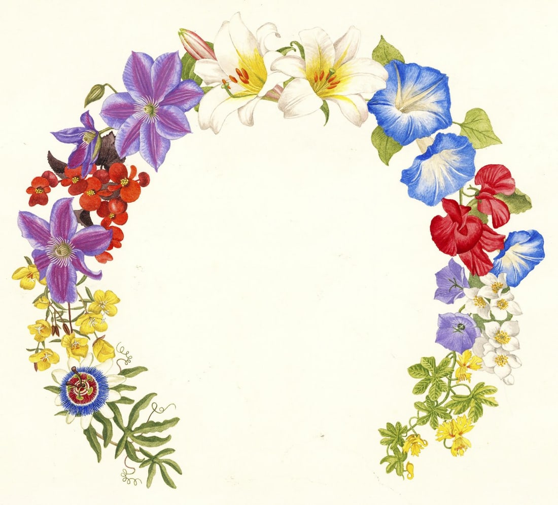 Leslie Greenwood (UK,1907-1987) watercolor painting: ARTIST: Leslie William Avery Greenwood (United Kingdom, 1907 - 1987) TITLE: July Plate (titled on verso) YEAR: 1986 MEDIUM: watercolor on heavy paper CONDITION: