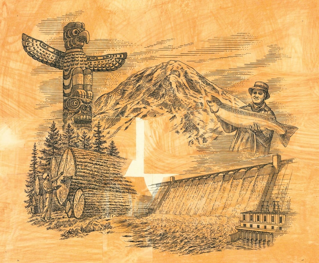 ATTR Jim McDermott (MA,CA,1960-2015) ink painting: ARTIST: ATTRIBUTED TO James P McDermott (Massachusetts, California, 1960 - 2015) TITLE: Historic Seals - Washington State YEAR: 1980s MEDIUM: ink on paper. Paper applied t