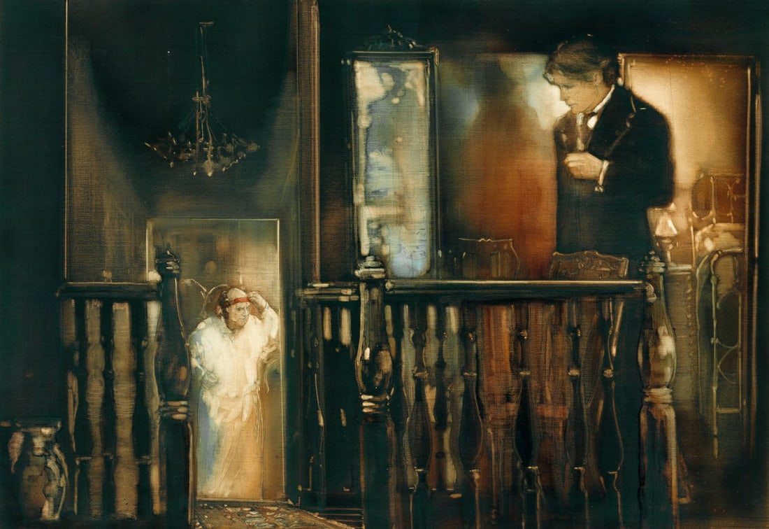 Walt Spitzmiller (MO,1944-2020) oil painting: ARTIST: Walter Spitzmiller (Missouri, 1944 - 2020) TITLE: Illustration - The Brothers Karamazov YEAR: 1977 MEDIUM: oil on board CONDITION: Few minor scra