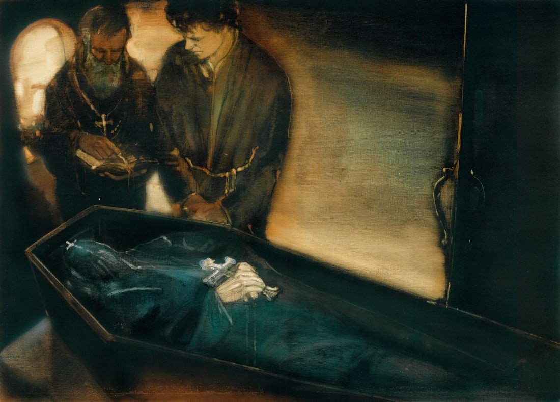 Walt Spitzmiller (MO,1944-2020) oil painting: ARTIST: Walter Spitzmiller (Missouri, 1944 - 2020) TITLE: Illustration - The Brothers Karamazov YEAR: 1977 MEDIUM: oil on board CONDITION: Few minor scra