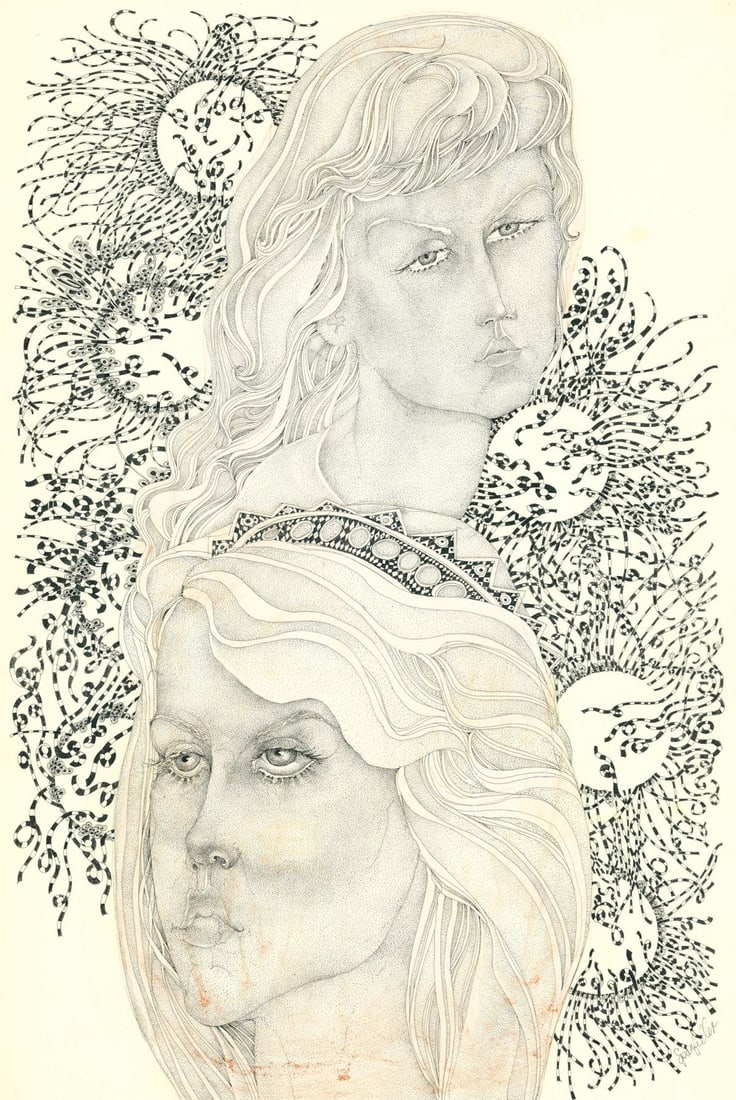 Jim Spanfeller (PA,1930-2014) ink painting: ARTIST: James J Spanfeller (Pennsylvania, 1930 - 2014) TITLE: Illustration - Thirteen O'Clock YEAR: 1981 MEDIUM: ink on paper CONDITION: Some uneven age