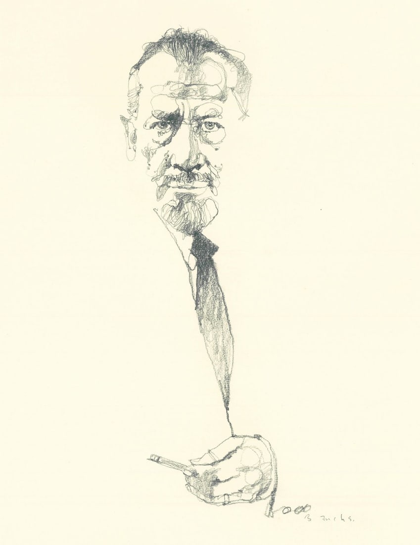 Bernard Fuchs (CT,IL,1932-2009) graphite painting: ARTIST: Bernard Fuchs (Connecticut, Illinois, 1932 - 2009) TITLE: Illustration - Portrait of John Steinbeck YEAR: 1980s MEDIUM: graphite on paper. Paper applied to board.