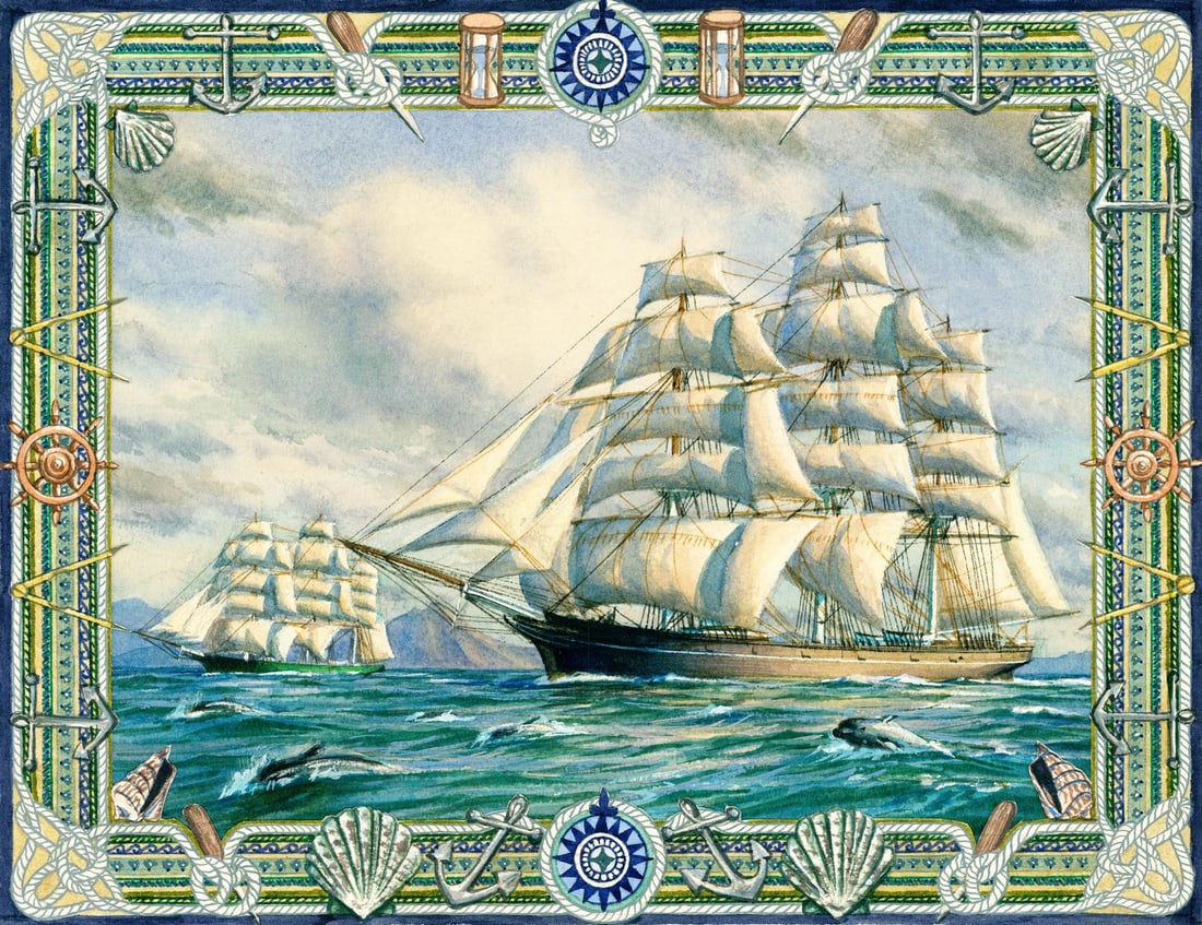 Vintage 20C English watercolor painting: ARTIST: - (United Kingdom, 20 century) TITLE: Illustration - Sail Ships, Maritime Tapestry YEAR: 1980s MEDIUM: watercolor on paper. Paper applied to board. CONDIT