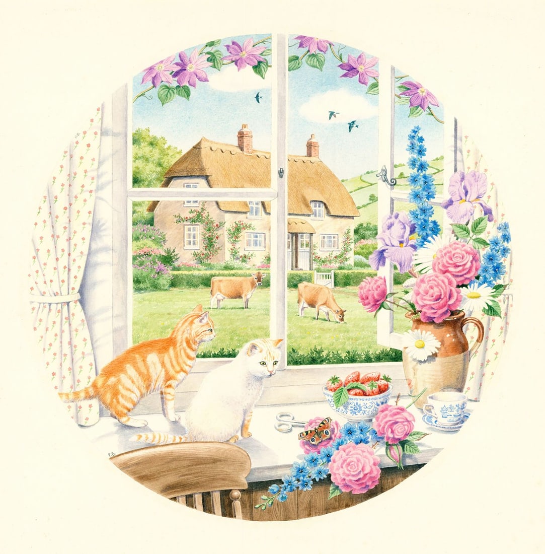 Vintage 20C English watercolor painting: ARTIST: - (United Kingdom, 20 century) TITLE: Illustration - English Cottage Plate YEAR: 1980s MEDIUM: watercolor on paper. Paper applied to board. CONDITION: