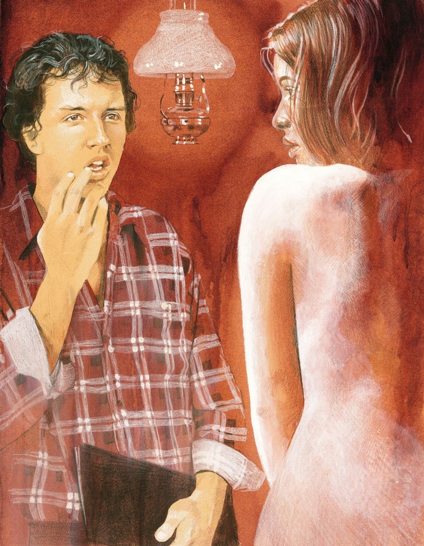 Alan Reingold (NY,RI,b 1956) mixed media painting: ARTIST: Alan Reingold (New York, Rhode Island, born 1956) TITLE: Illustration YEAR: 1980s MEDIUM: mixed media on paper CONDITION: Few small tears to edge