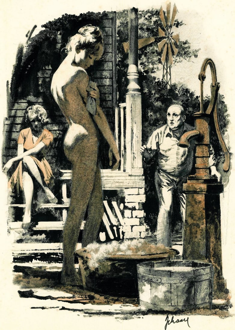 Harry Schaare (NY,AZ,1922-2008) watercolor painting: ARTIST: Harry J Schaare (New York, Arizona, 1922 - 2008) TITLE: Illustration - God's Little Acre YEAR: 1979 MEDIUM: watercolor on board CONDITION: Some f