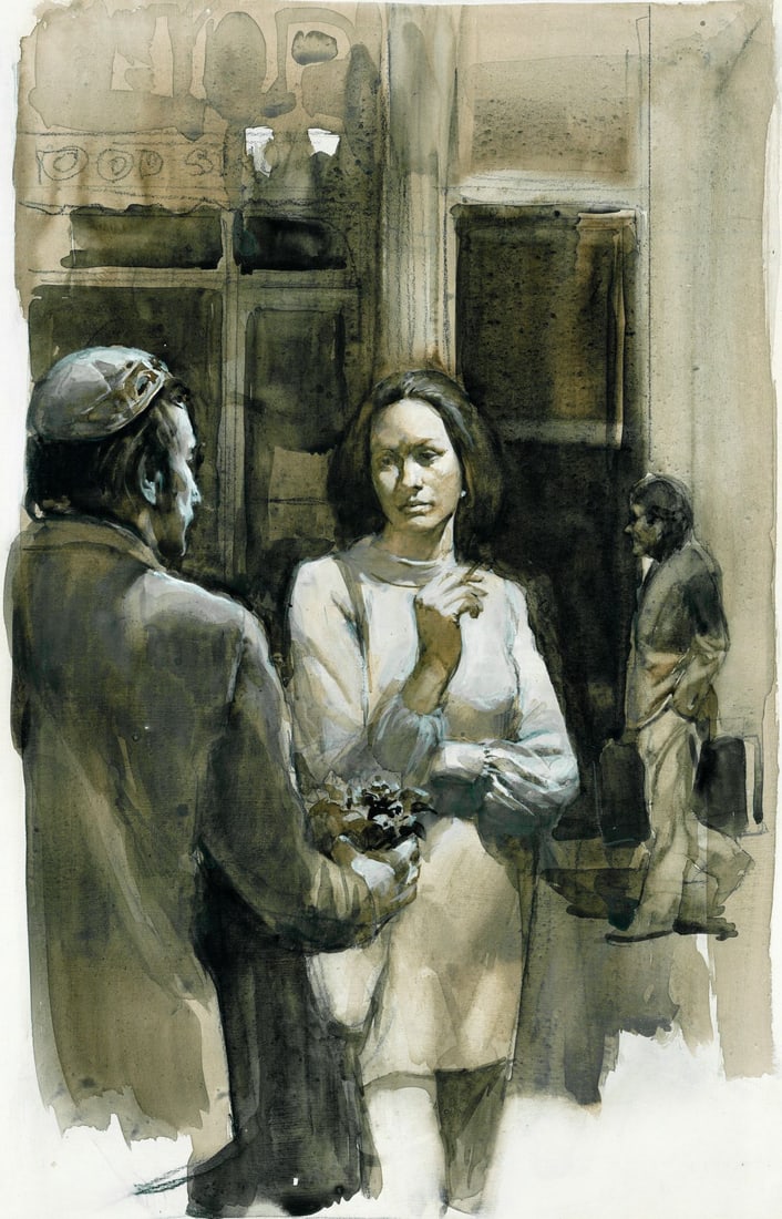 Burton Silverman (NY,1928-?) mixed media painting: ARTIST: Burton Philip Silverman (New York, 1928 - ???) TITLE: Illustration - The Magic Barrel YEAR: 1978 MEDIUM: mixed media on board CONDITION: Some d