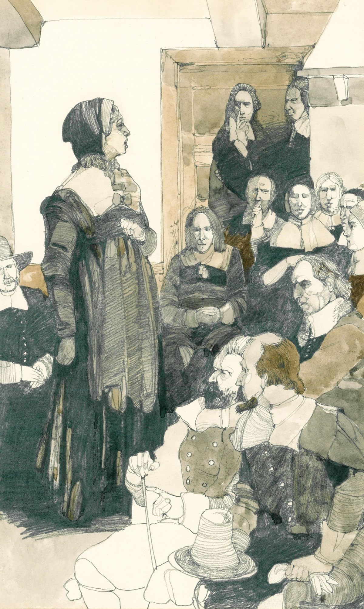 Jerry Pinkney (NY,PA,1939-2021) graphite painting: ARTIST: Jerry Pinkney (New York, Pennsylvania, 1939 - 2021) TITLE: Illustration - The Winthrop Covenant YEAR: 1976 MEDIUM: graphite on paper. Paper applied to board.