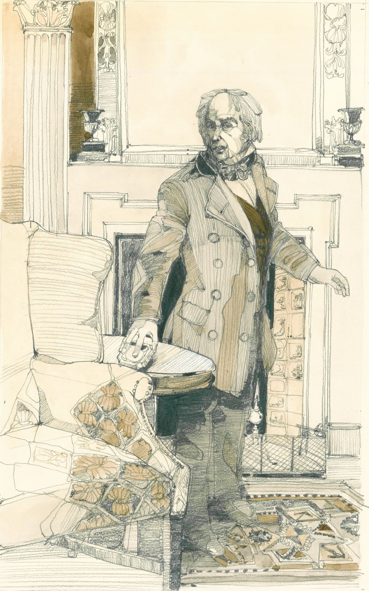 Jerry Pinkney (NY,PA,1939-2021) graphite painting: ARTIST: Jerry Pinkney (New York, Pennsylvania, 1939 - 2021) TITLE: Illustration - The Winthrop Covenant YEAR: 1976 MEDIUM: graphite on paper. Paper applied to board.