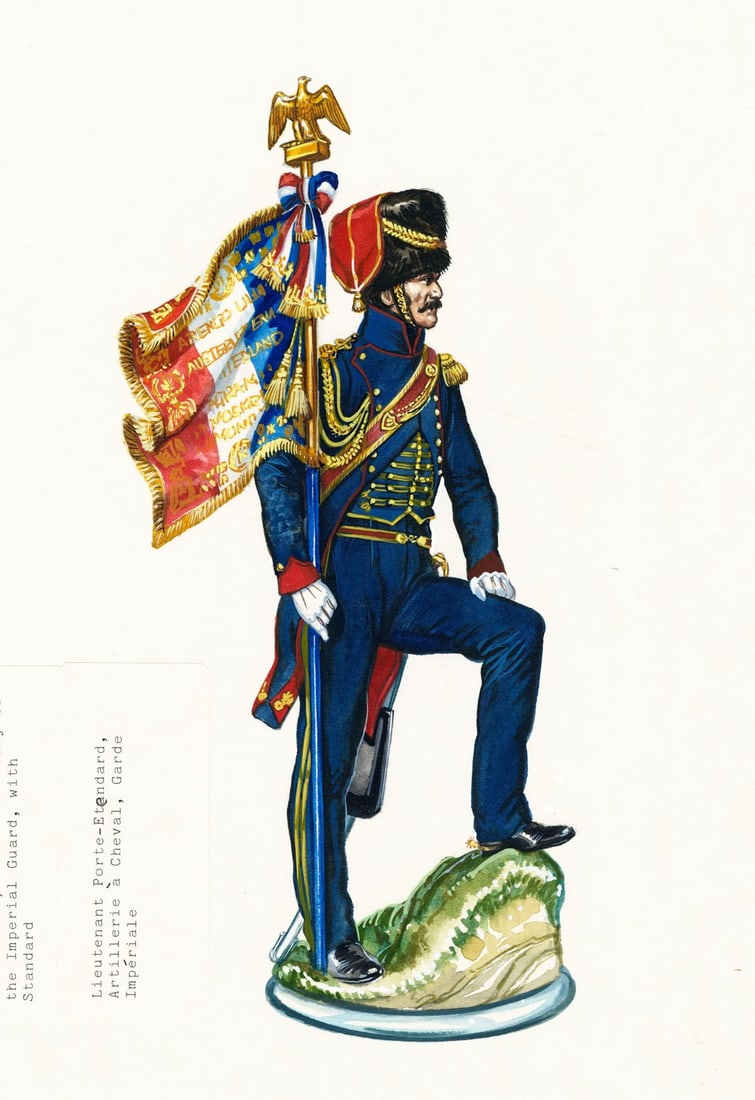 Gerry Embleton (UK,1941-?) gouache painting: ARTIST: Gerry A Embleton (United Kingdom, 1941 - ???) TITLE: Soldier - Horse Artillery, Imperial Guard Lieutenant, France MEDIUM: gouache on board CONDITION: Minor damages