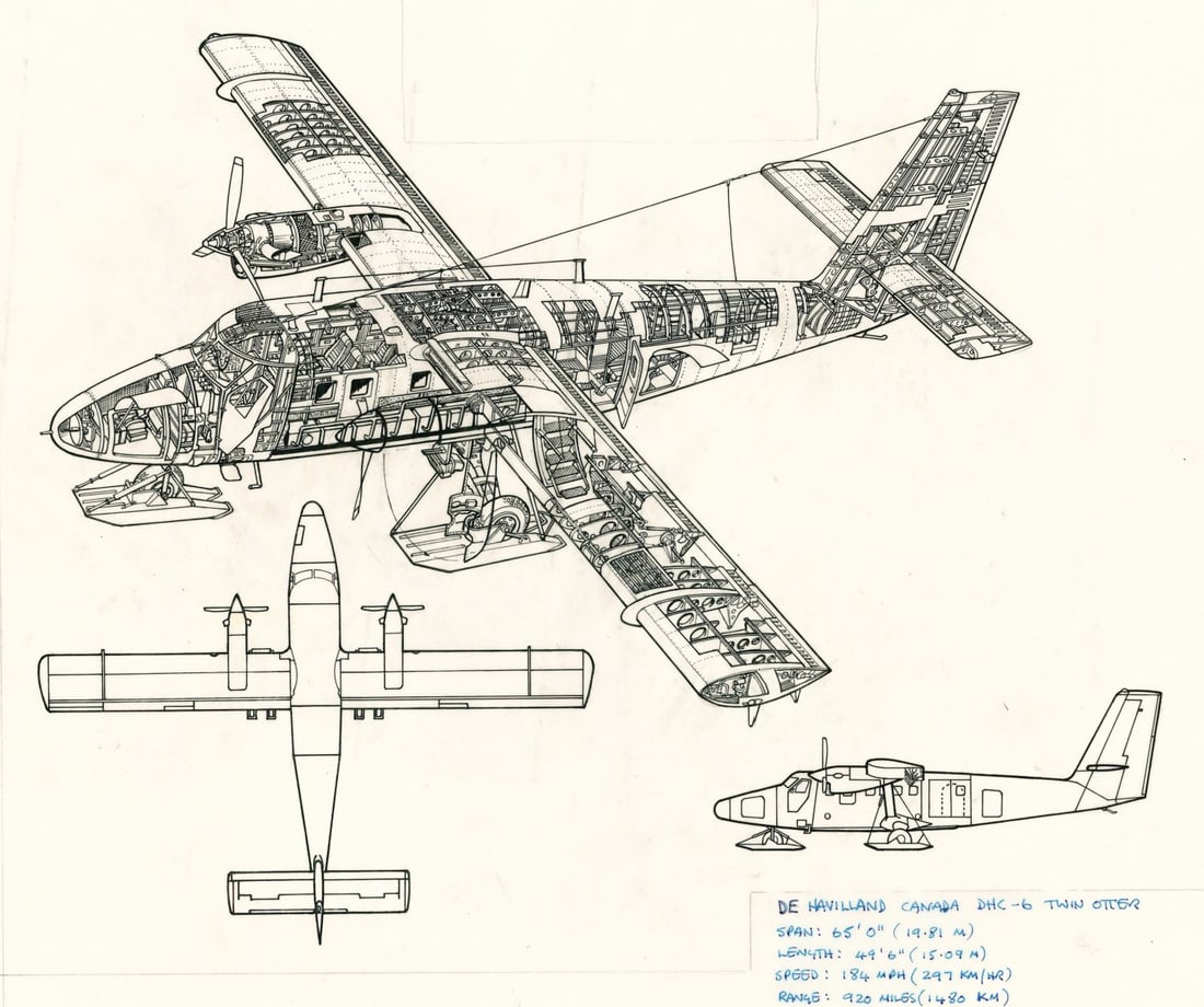 John Batchelor (UK,1936-2019) ink painting: ARTIST: John Henry Batchelor (United Kingdom, 1936 - 2019) TITLE: De Navilland Canada DHC-6 Twin Otter Plane YEAR: 1985 MEDIUM: ink on paper. Paper applied to board.