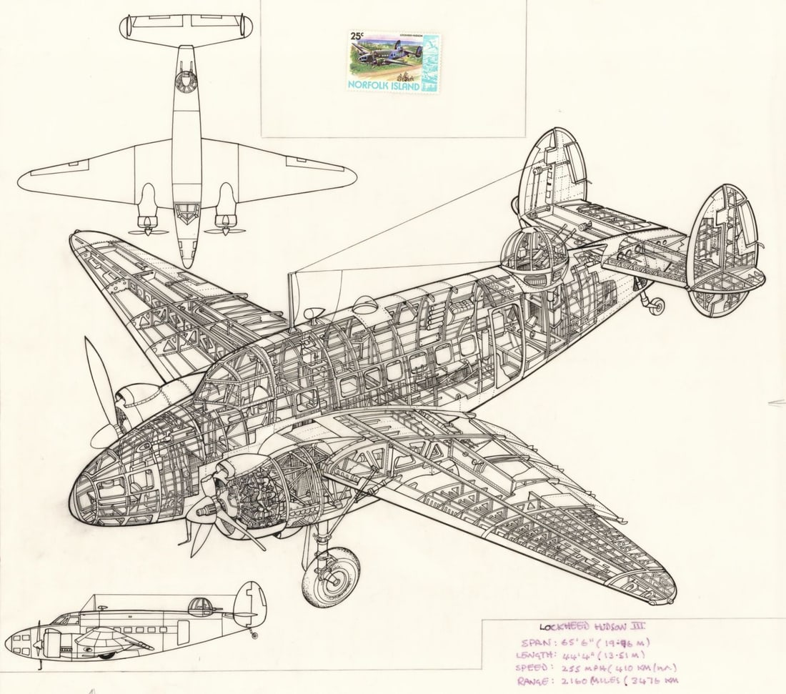 John Batchelor (UK,1936-2019) ink painting: ARTIST: John Henry Batchelor (United Kingdom, 1936 - 2019) TITLE: Lockheed Hudson III Plane (titled on verso) YEAR: 1988 MEDIUM: ink on paper. Paper applied to board. <